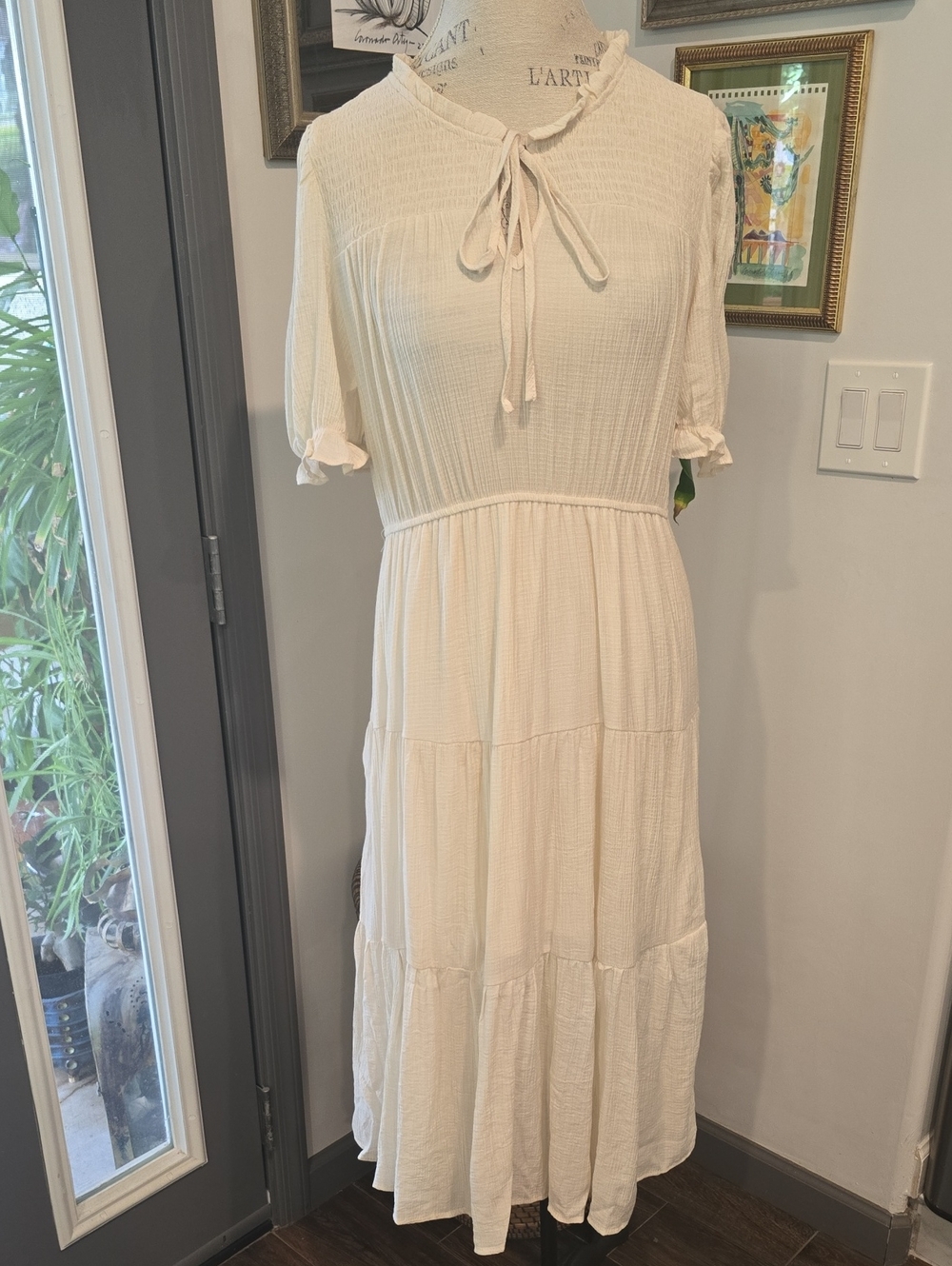 Sweet Wanderer Cream Tie-Front Tiered Midi Dress